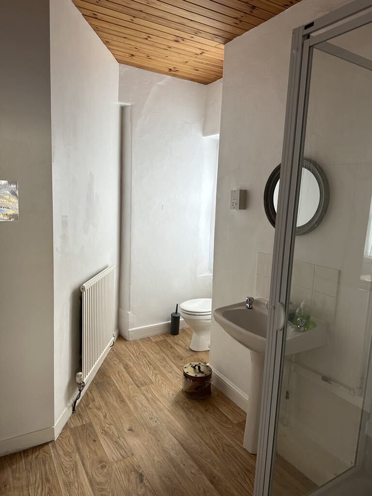 Ein schmales Badezimmer mit Holzbalkendecke, einem weißen Heizkörper, einer Toilette und einer Duschkabine.