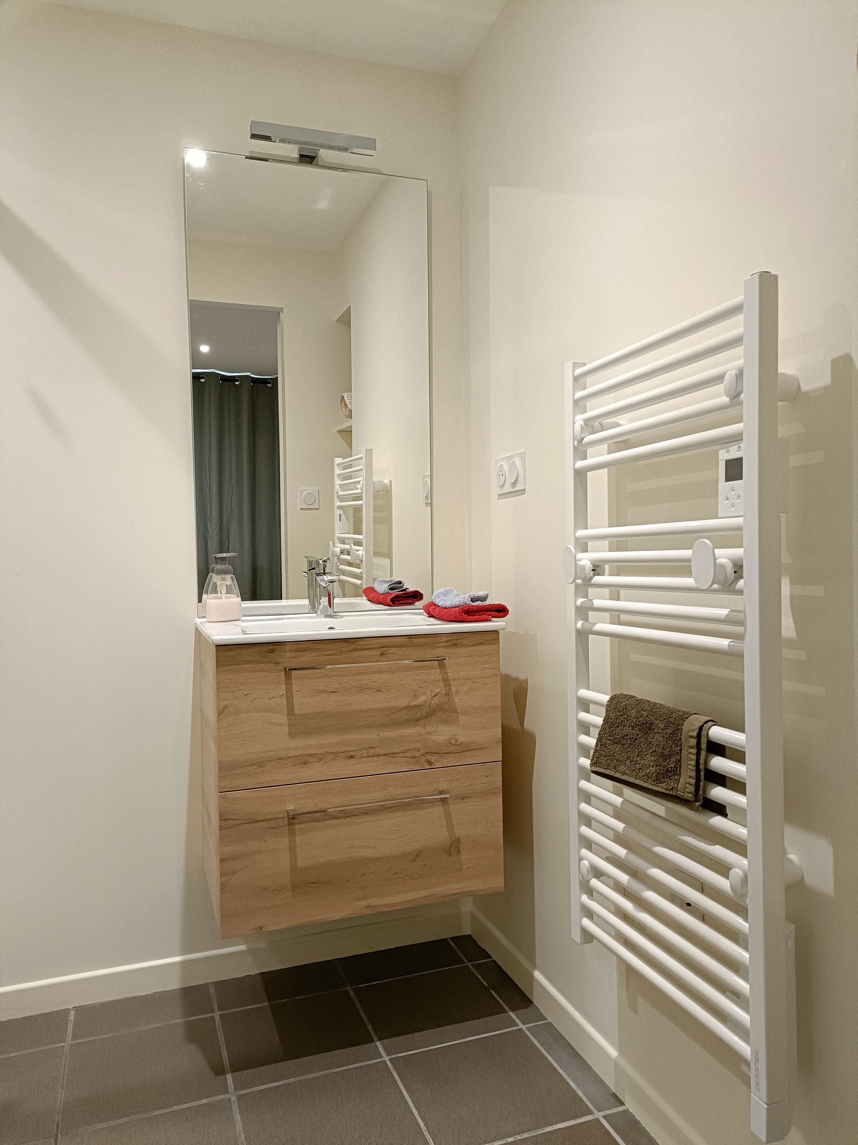 A modern bathroom with a mirror, sink, wooden vanity, and a towel rack.