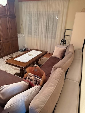 Una sala de estar con sofá, una mesa de centro con camino de encaje, alfombra estampada y un mueble de madera.