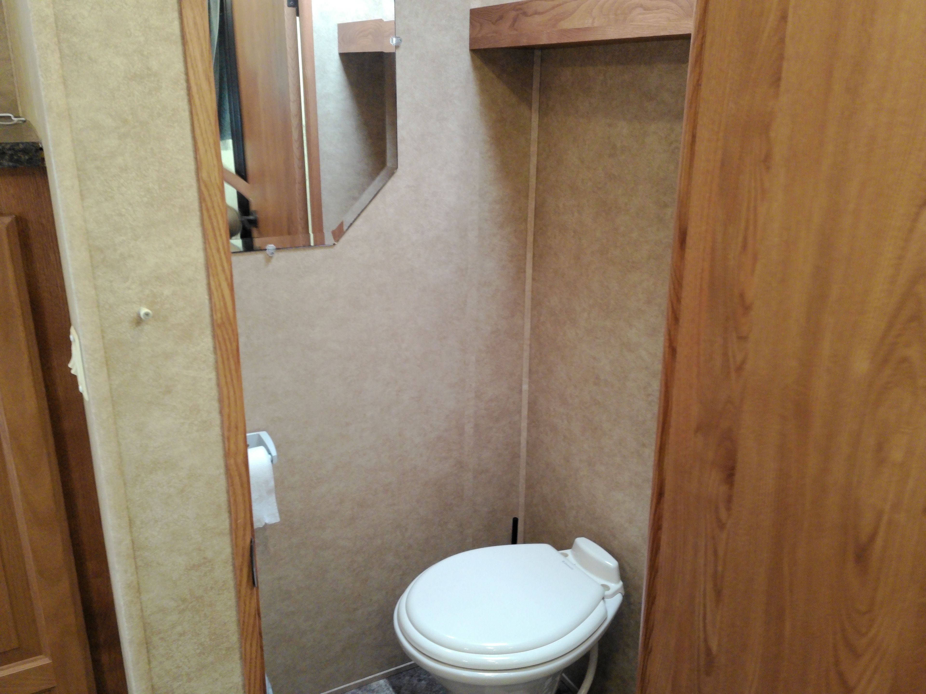A small, enclosed bathroom with a toilet, a mirror, and a wooden shelf.