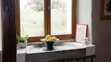 A window sill with a bowl of fruit, a potted plant, and a framed picture.