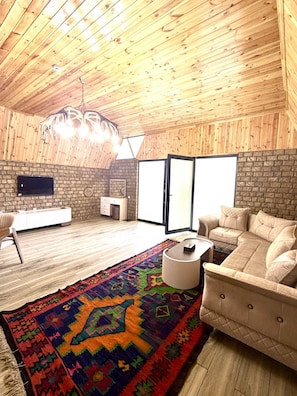A spacious room with a high wooden ceiling, a large sofa, a patterned rug, and a television mounted on a brick wall.