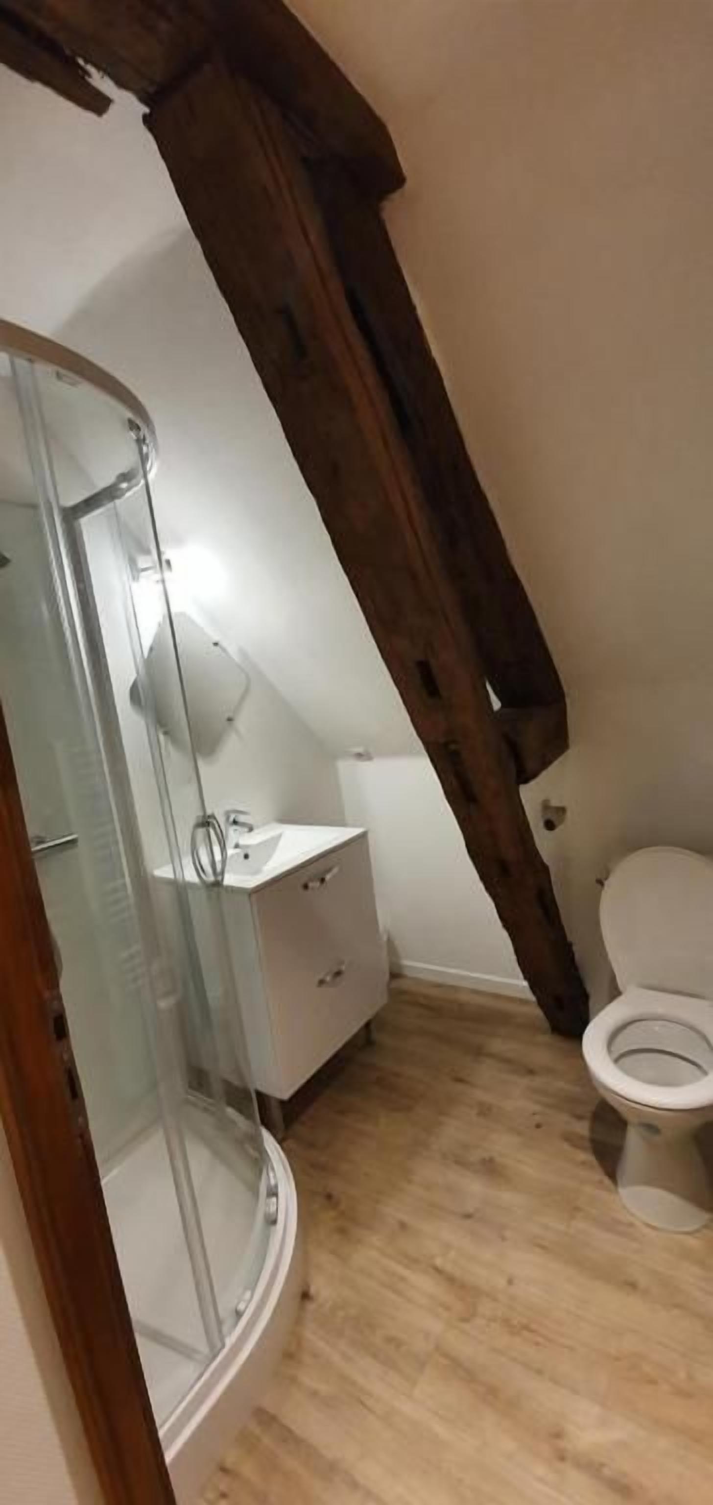 Un baño con cabina de ducha de vidrio, un lavamanos blanco y un inodoro.