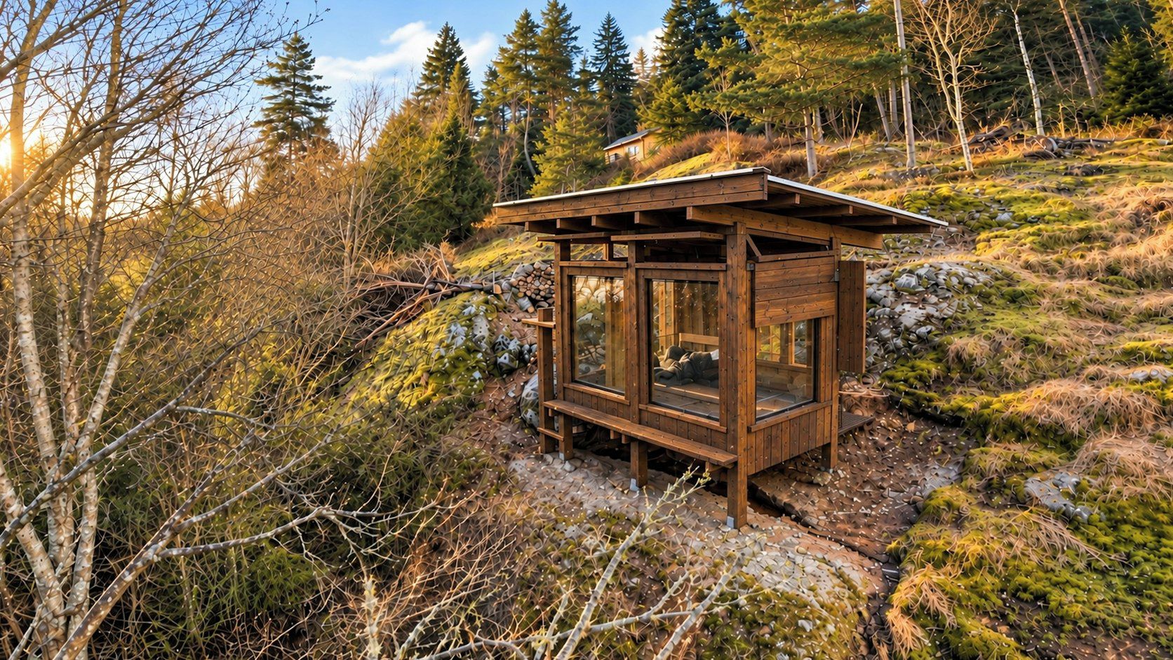 A wooden cabin with a glass enclosure, surrounded by a natural landscape with trees and rocks.