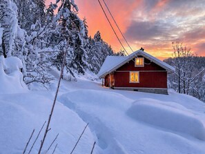 Una cabaña roja con techo inclinado, rodeada de árboles cubiertos de nieve, durante el atardecer.