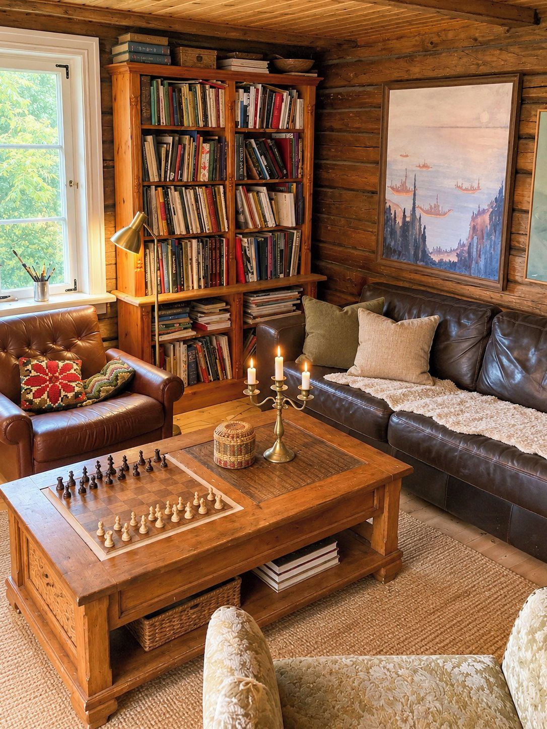 Un salon chaleureux avec un canapé en cuir, une table basse en bois sur laquelle sont posés des pièces d’échecs, une bibliothèque et un tableau accroché au mur.
