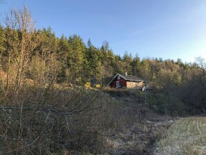Eine Hütte in einem bewaldeten Gebiet bei blauem Himmel.