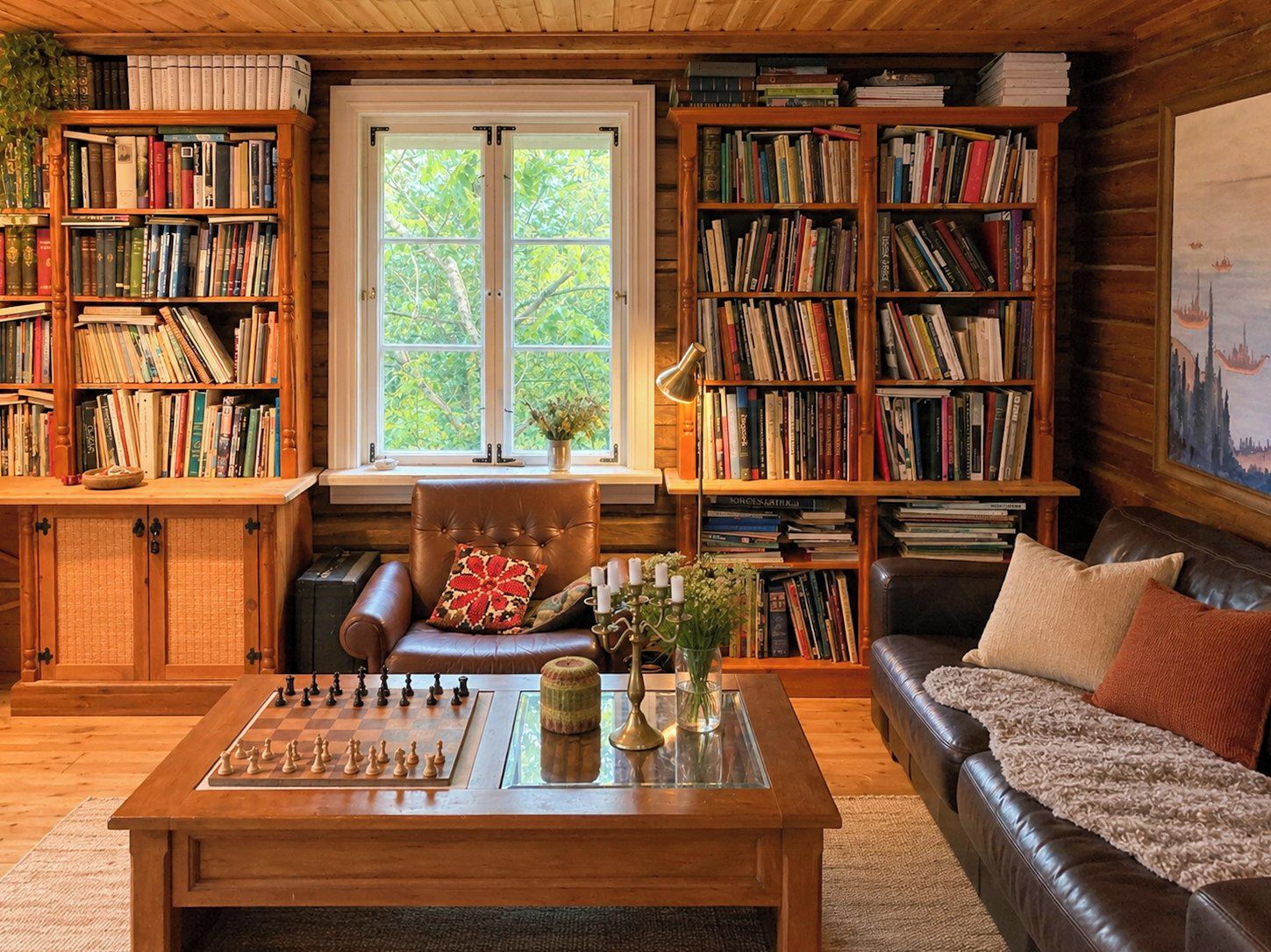 A cozy room with a chessboard, leather furniture, and bookshelves filled with books.