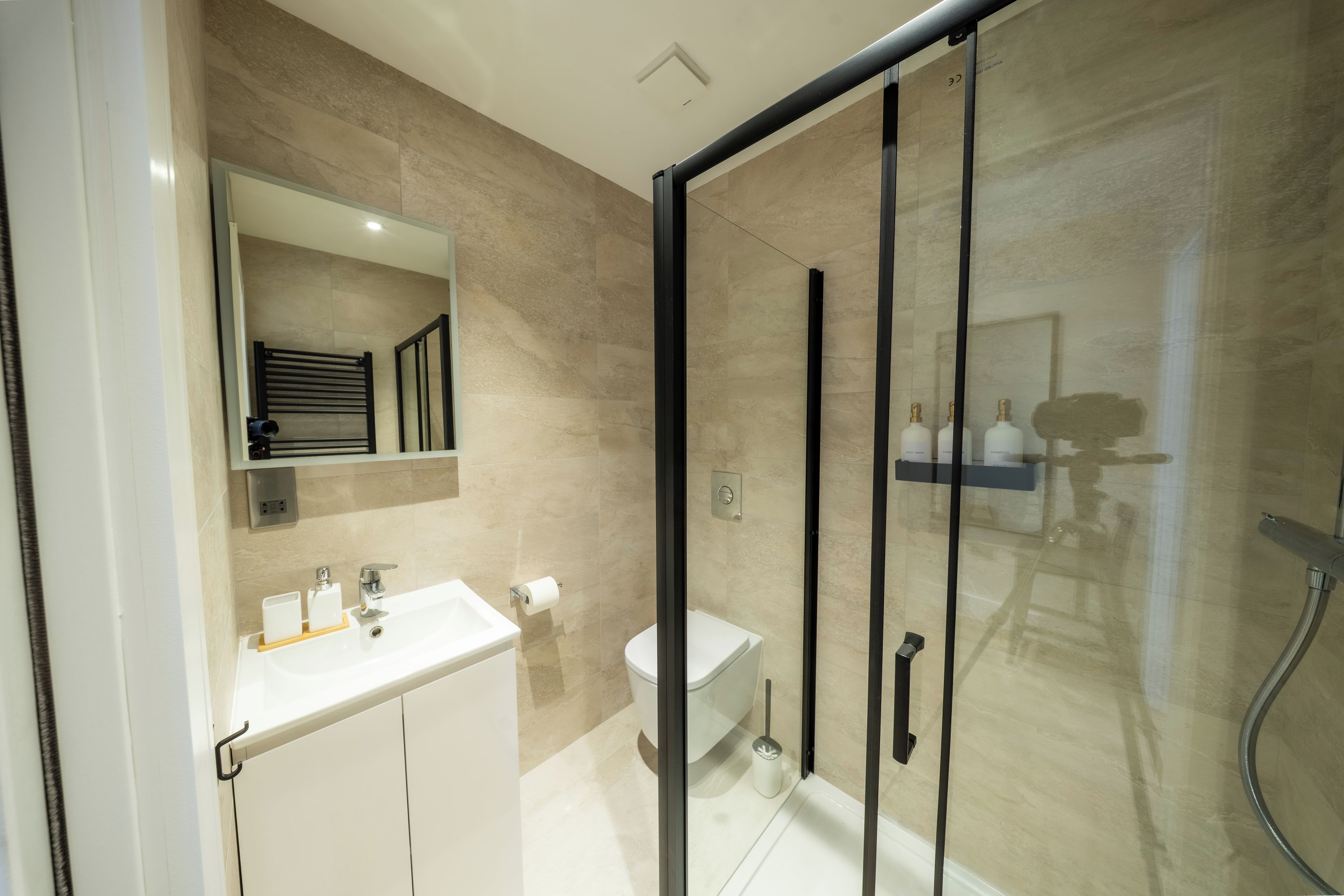A modern bathroom with a glass shower enclosure, a white sink, and a toilet.