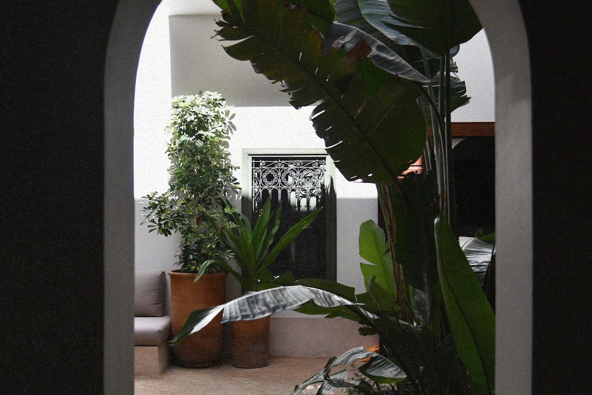 An arched doorway leading to a courtyard with potted plants and a tiled floor.