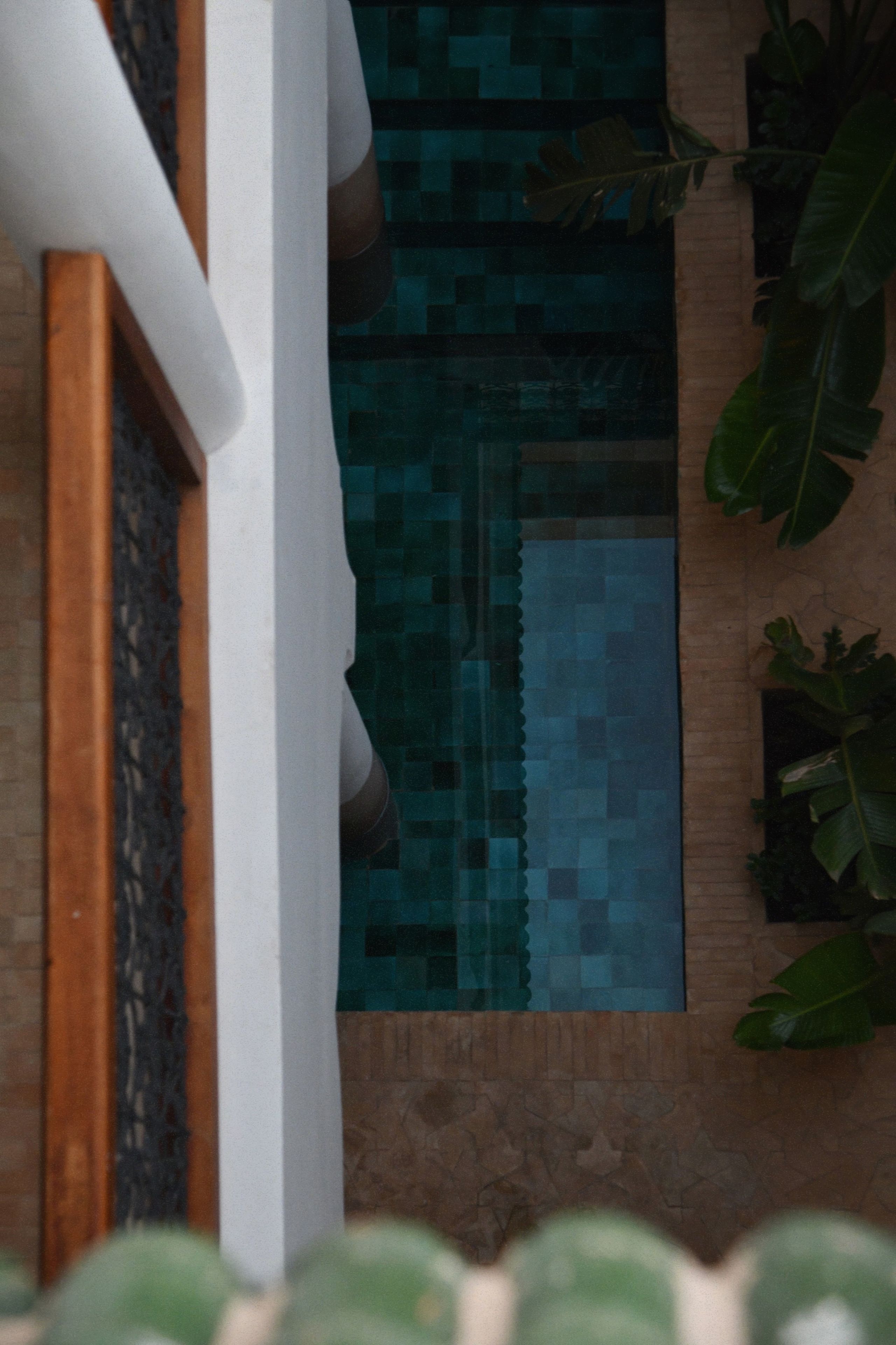 A view of a pool with a pixelated pattern on the walls, surrounded by plants and a wooden structure.