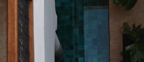 A view of a pool with a pixelated pattern on the walls, surrounded by plants and a wooden structure.