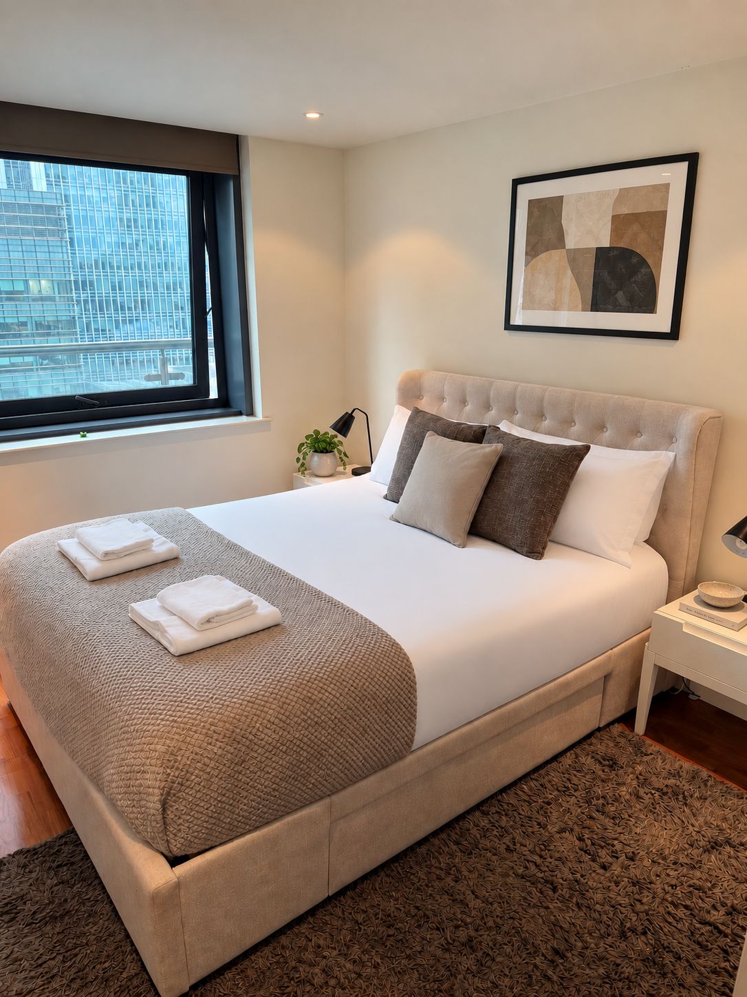 Una habitación de hotel moderna con una cama grande, vistas de la ciudad a través de una ventana, un cuadro abstracto enmarcado en la pared y una mesita de noche con una lámpara y un cuenco.