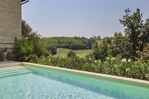 A swimming pool with a view of a green landscape and trees. - Hostdomus - Pool and Wine (Rosignano Monferrato)