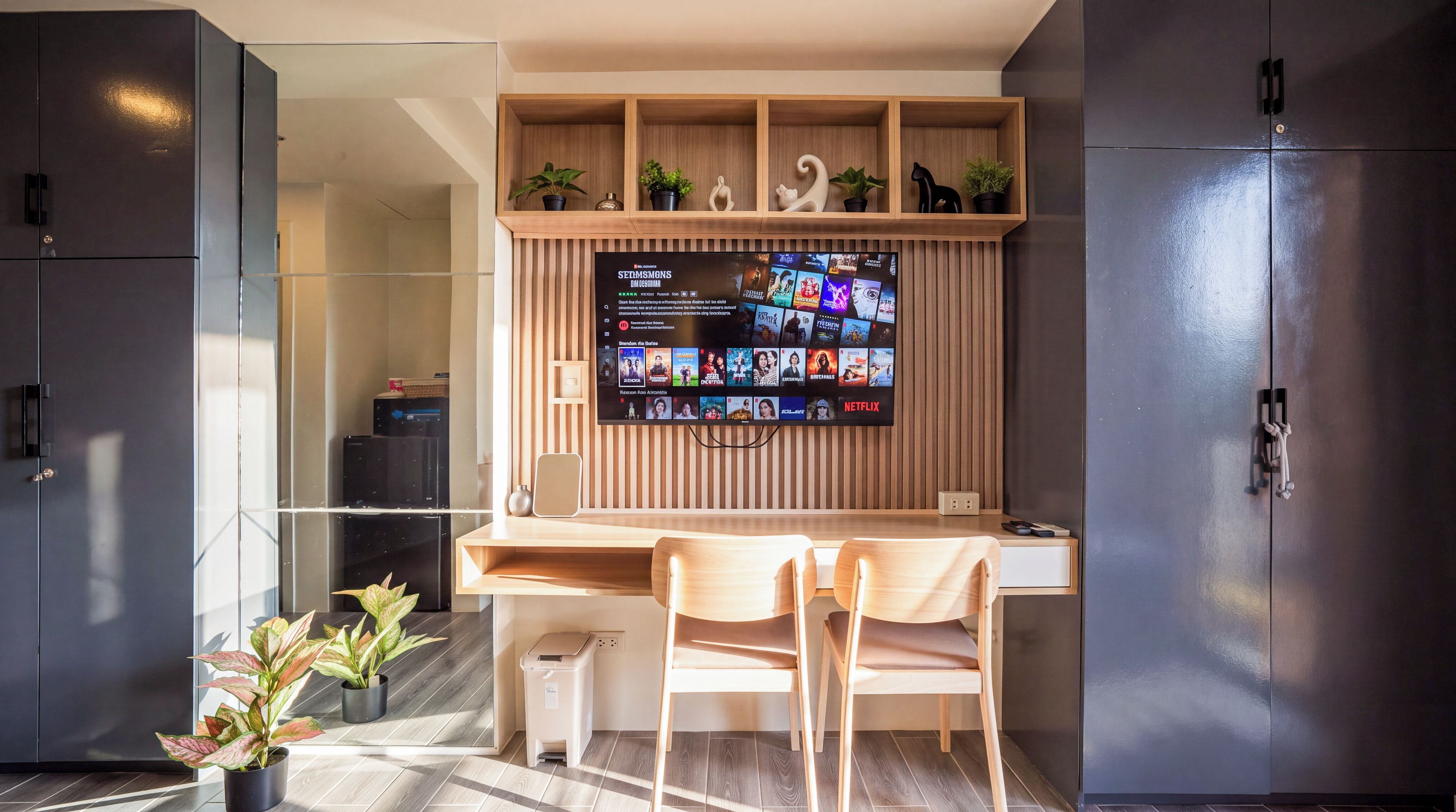 A modern kitchen with a built-in TV, wooden cabinets, and two chairs.