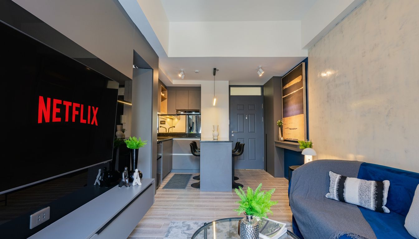 A modern living room with a flat-screen TV, a sofa, and a coffee table.