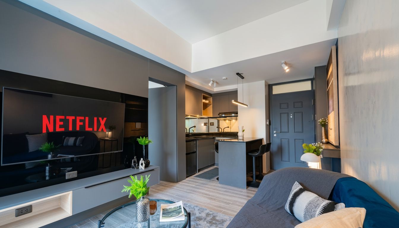 Una sala de estar moderna con un televisor de pantalla plana grande, un sofá, una mesa de centro y una cocina al fondo.
