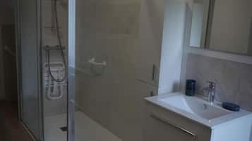 Un baño moderno con ducha envuelta en vidrio, un lavabo blanco y un espejo encima.