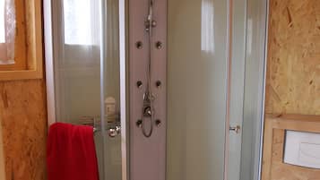 A bathroom with a glass-enclosed shower, a toilet, and a sink.