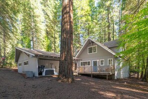 Une cabane dotée d’une terrasse et d’un garage, entourée de grands arbres.