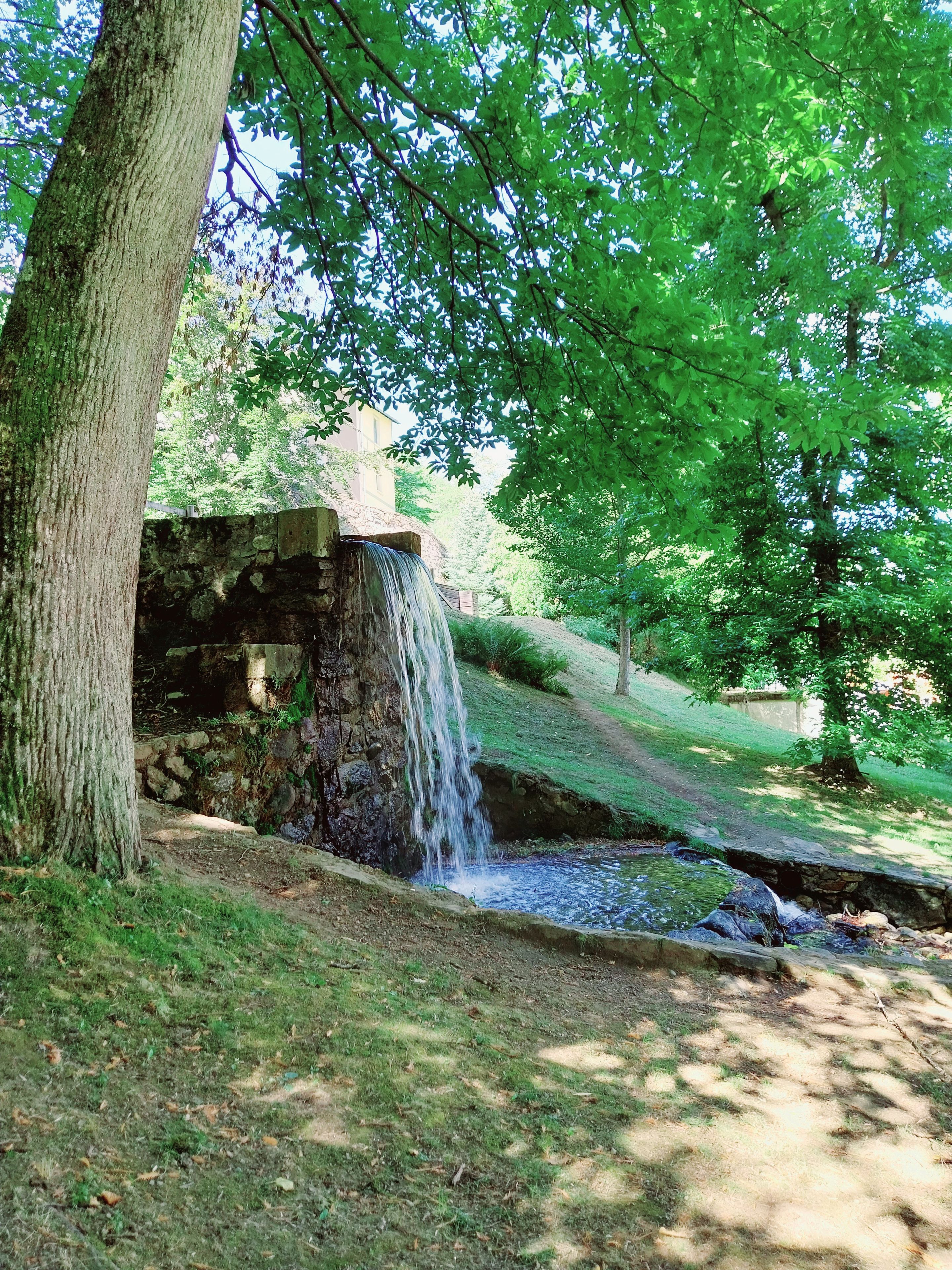 A stone structure with a small waterfall, surrounded by lush greenery and trees.