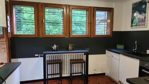 A kitchen with a radiator, a sink, and a window with a view of greenery. - Quiet 8-person chalet with a magnificent view of the mountains, fireplace,garden (Abondance)