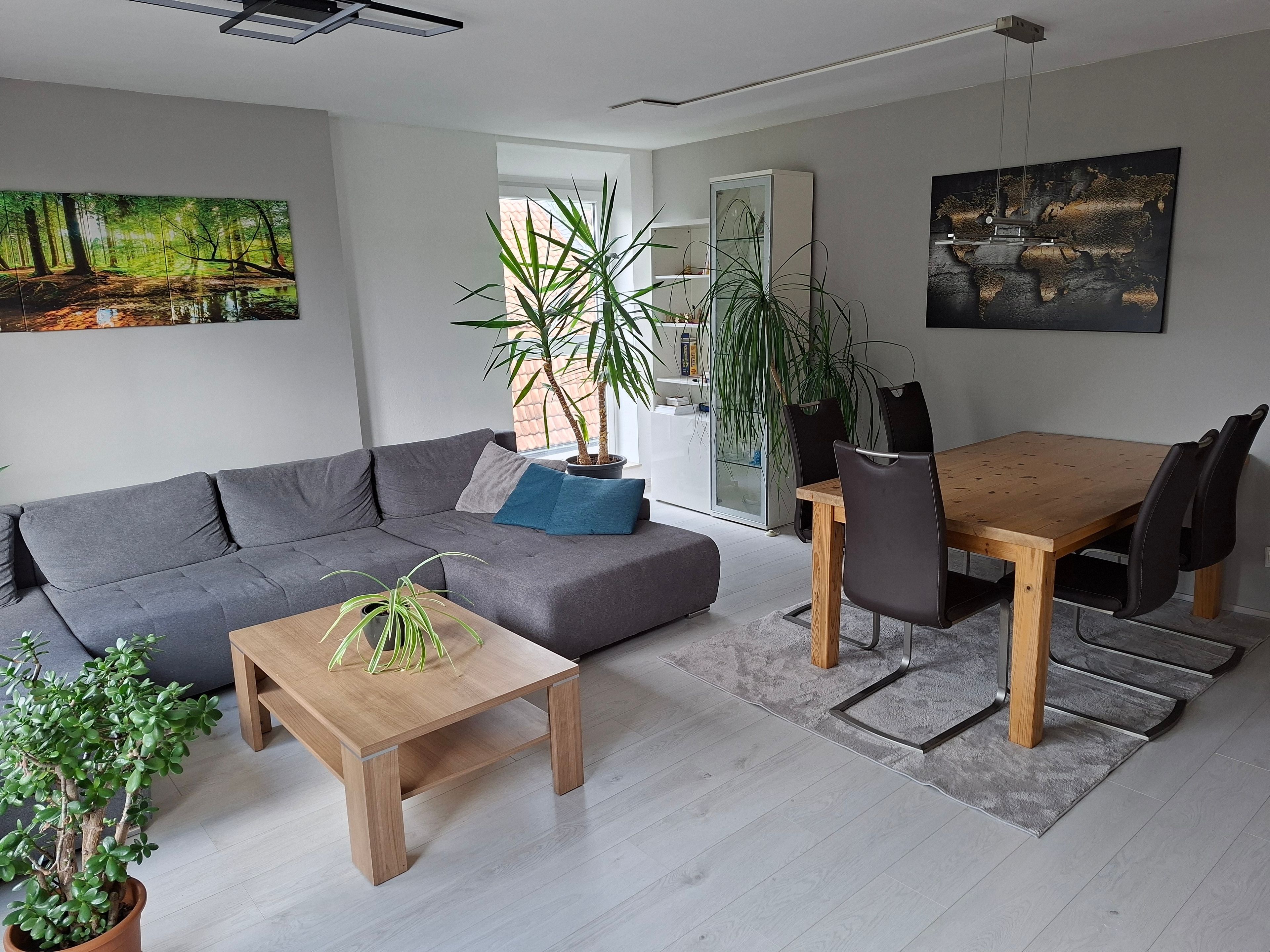 Ein modernes Wohnzimmer mit grauem Sofa, Couchtisch aus Holz und Esstisch mit Stühlen.