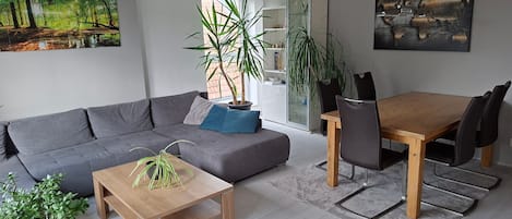 A modern living room with a grey sofa, wooden coffee table, and dining table with chairs.