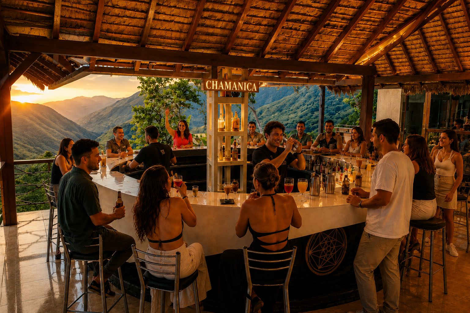 Un espace bar offrant une vue sur les montagnes, une enseigne indiquant « CHAMANICA », et des gens qui discutent et passent du temps ensemble.
