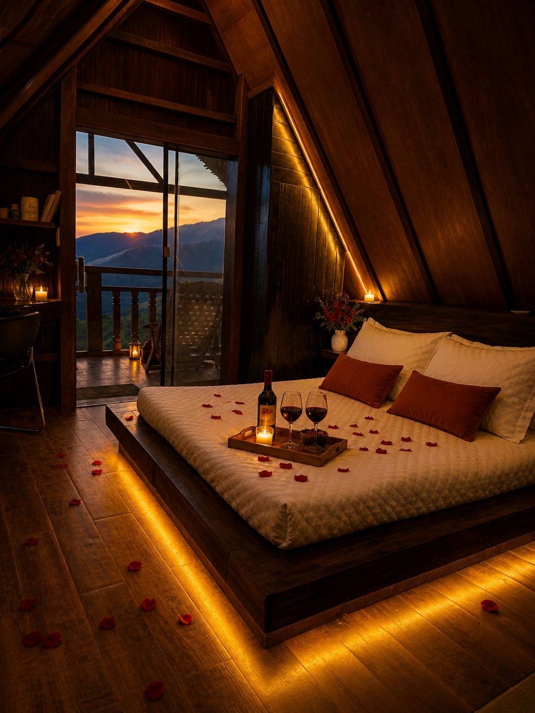Une chambre à coucher avec un lit, une table de chevet et une vue sur les montagnes.