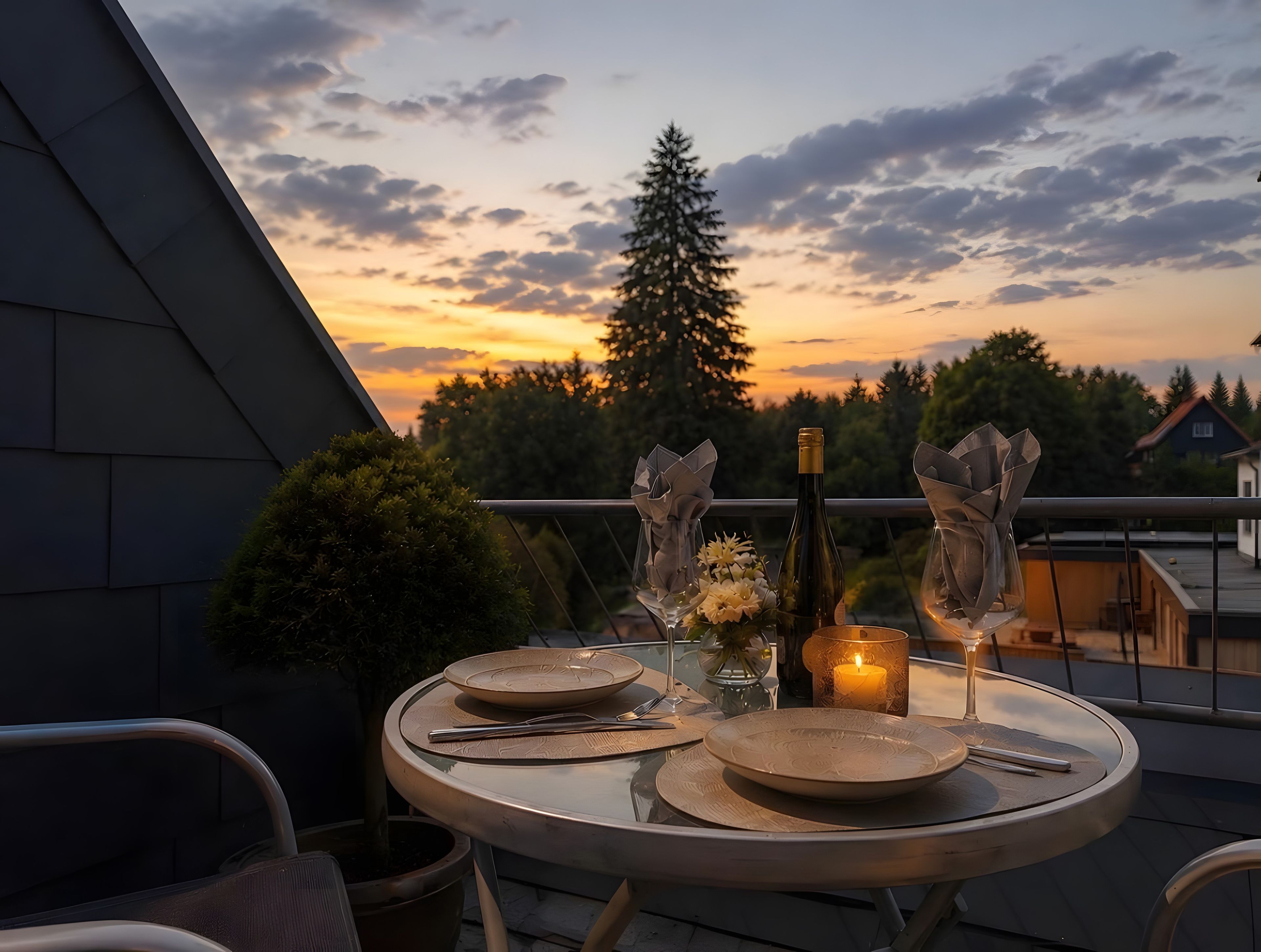 A round table set for two with plates, cutlery, a bottle, and candles on a balcony overlooking a sunset.