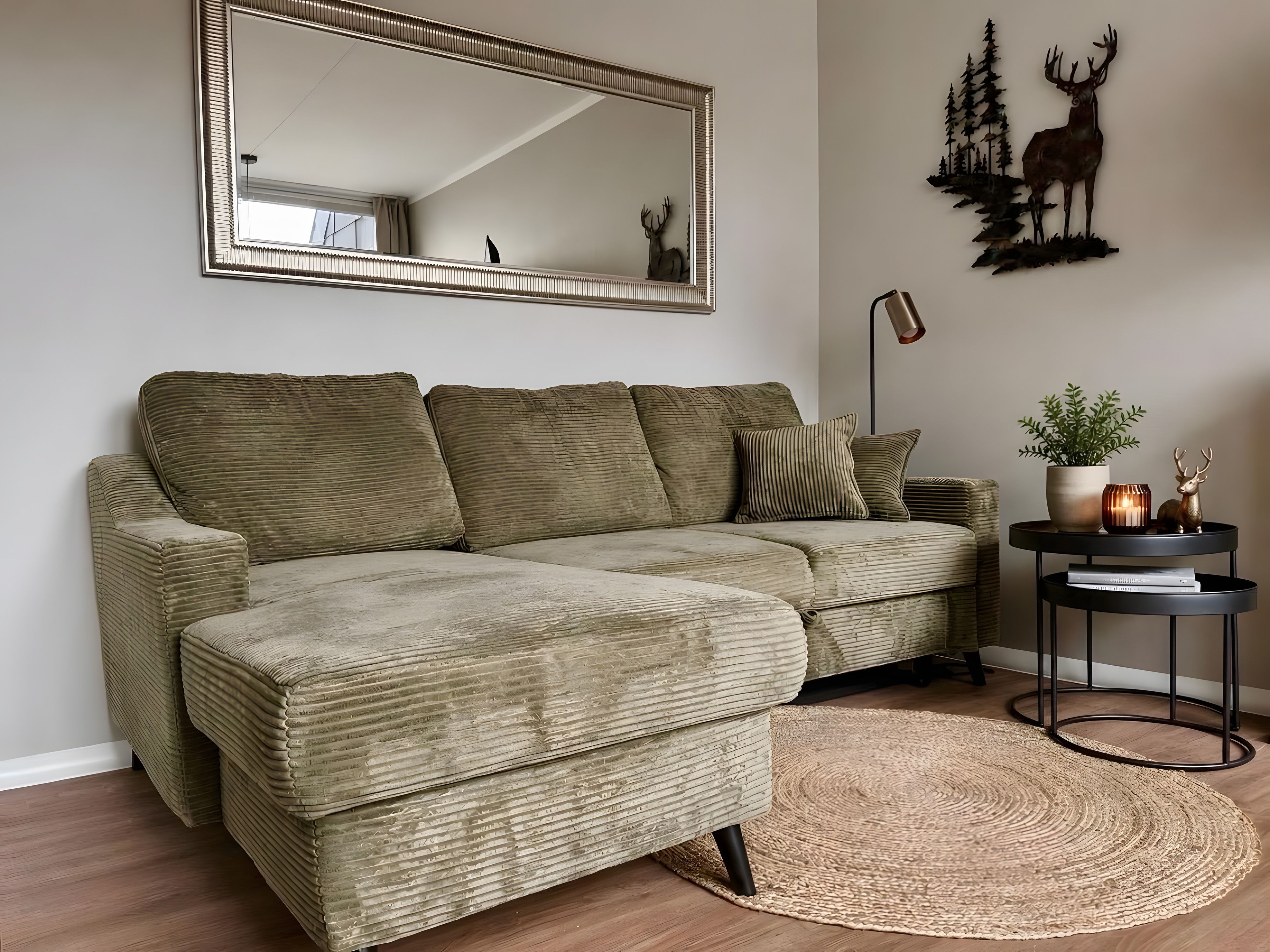 A living room with a green sofa, a round coffee table, a mirror, and a wall-mounted deer sculpture.