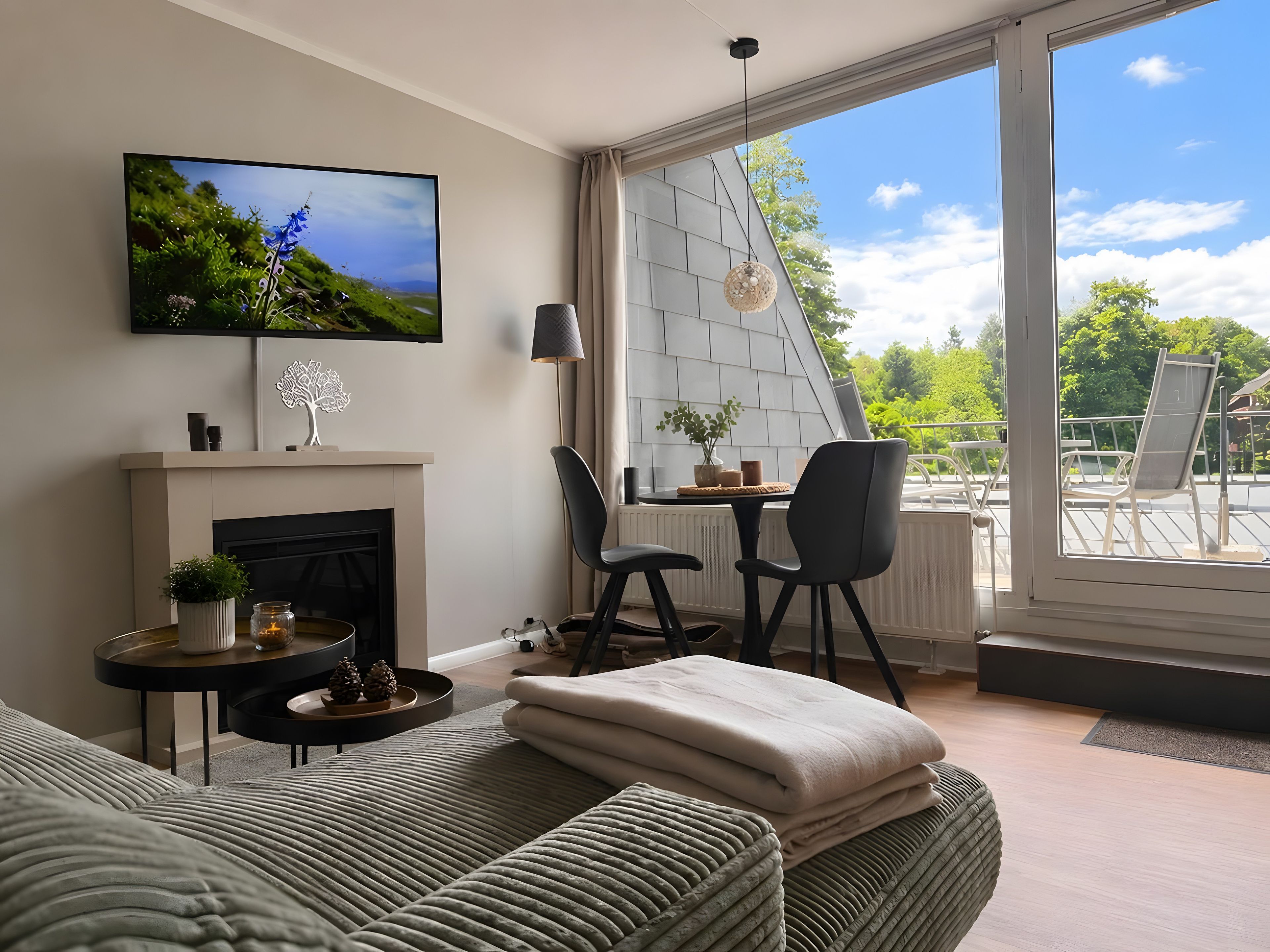 A modern living room with a fireplace, a television mounted on the wall, a dining area with a table and chairs, and a balcony with outdoor furniture.