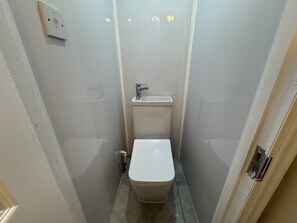 Une petite salle de bain étroite, équipée de toilettes, d’un lavabo et d’un miroir.