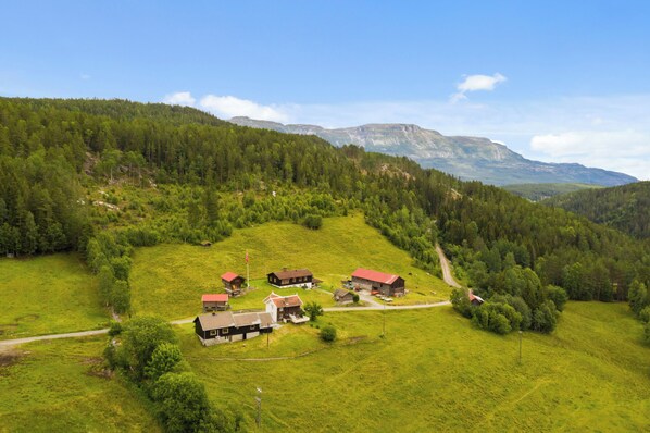 A rural landscape with a cluster of buildings, including a barn and residential houses, surrounded by lush green fields and dense forests. - Historic Norwegian farmhouse in Telemark (Telemark)
