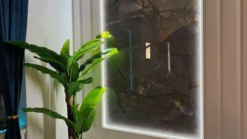 A room with a large window, a potted plant, and a decorative wall panel.