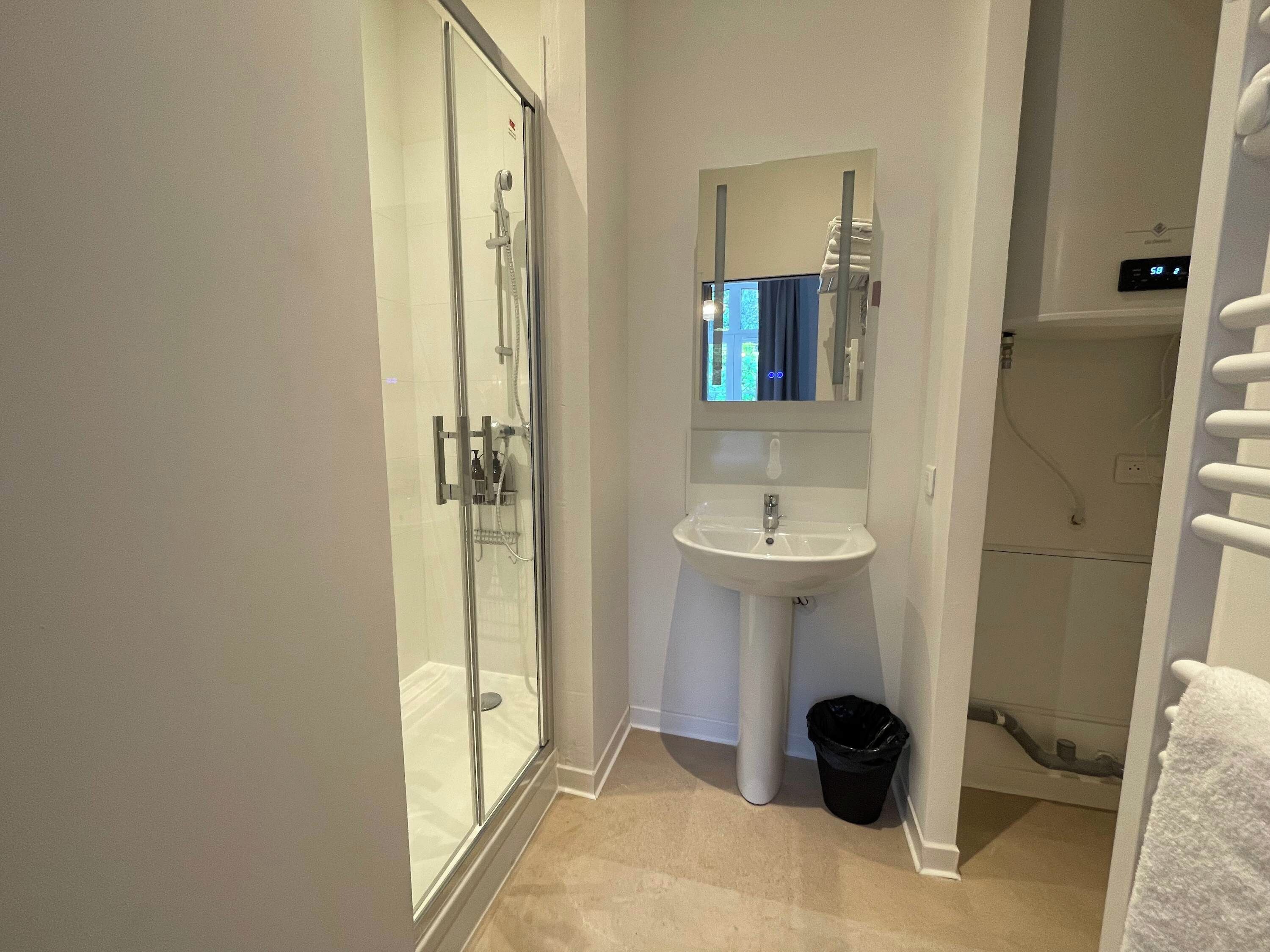 Un baño con ducha de vidrio, un lavamanos y un espejo.