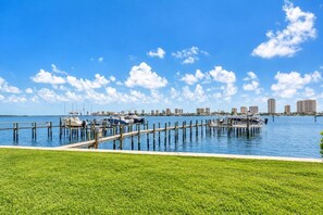Een jachthaven met aangemeerde boten, een gazon op de voorgrond en een stadsachtergrond.