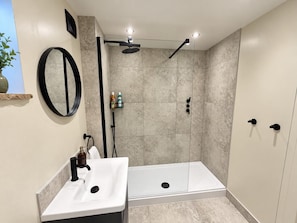 Une salle de bain moderne avec une douche, un lavabo et un miroir.
