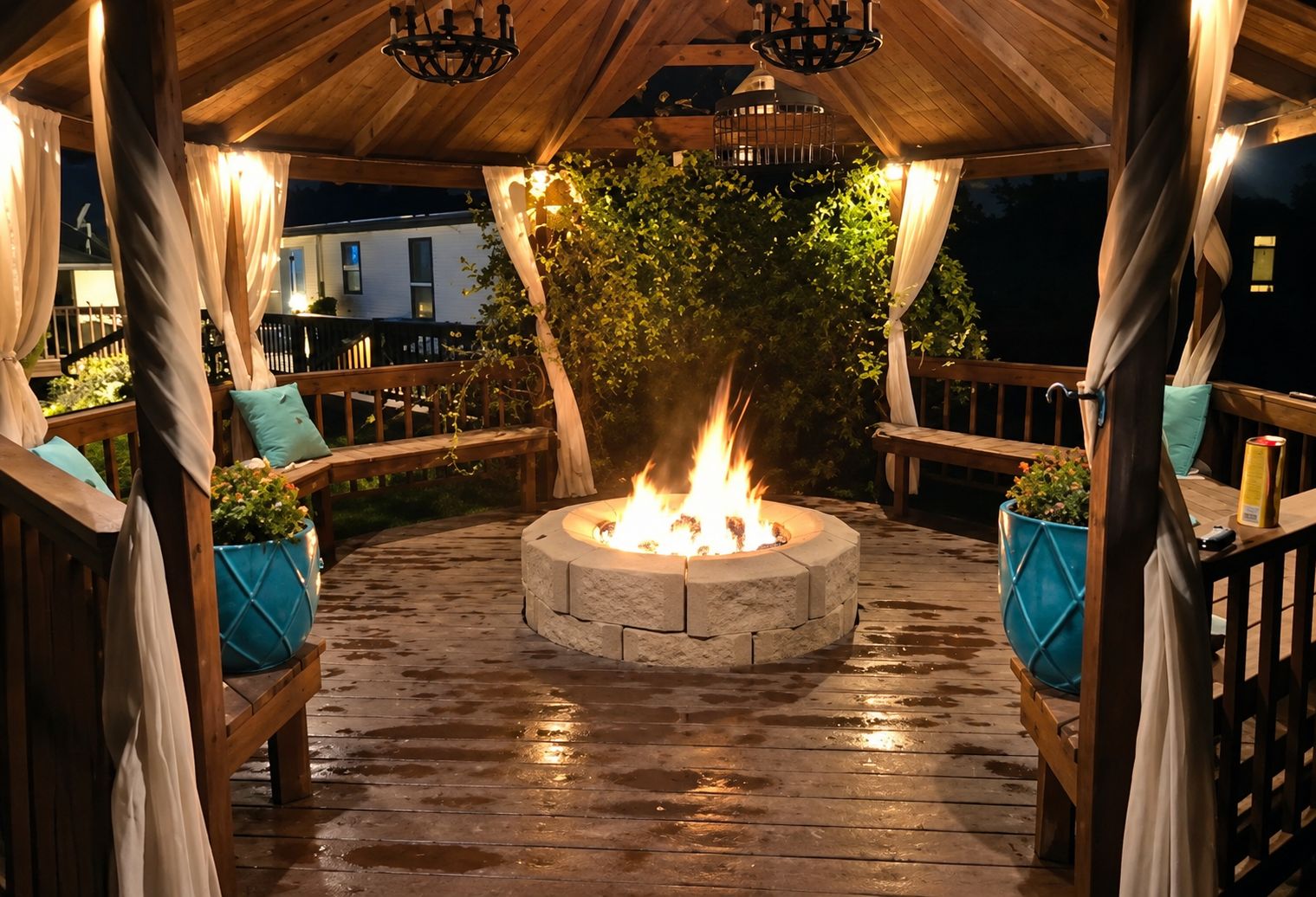 En udendørs terrasse med en rund ildsted i sten, træterrasse og siddepladser.