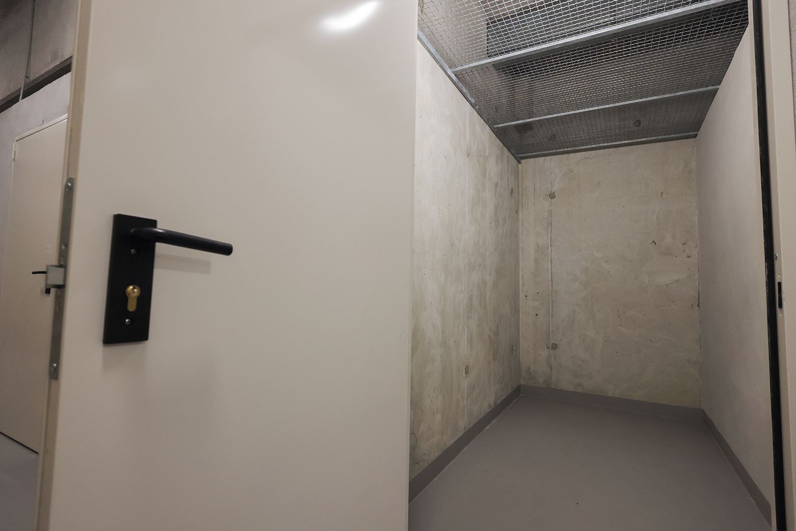 A narrow hallway with a door on the left and a mesh-covered ceiling on the right.