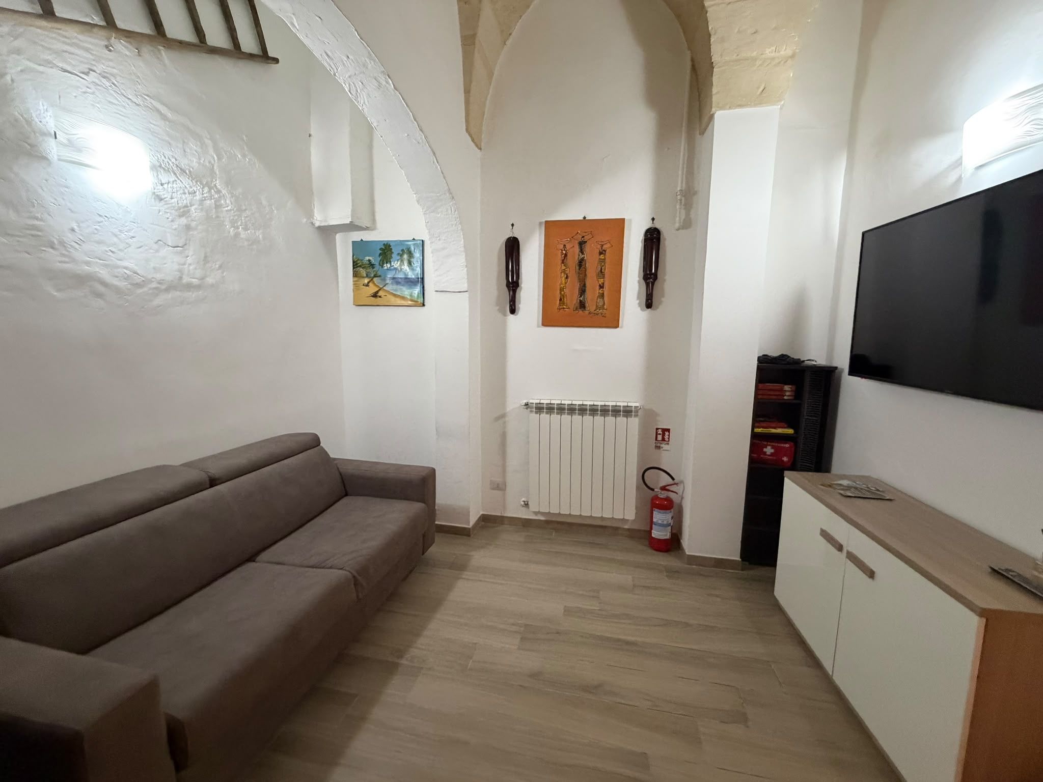 Un salon comprenant un canapé, un téléviseur à écran plat, un radiateur et un extincteur.