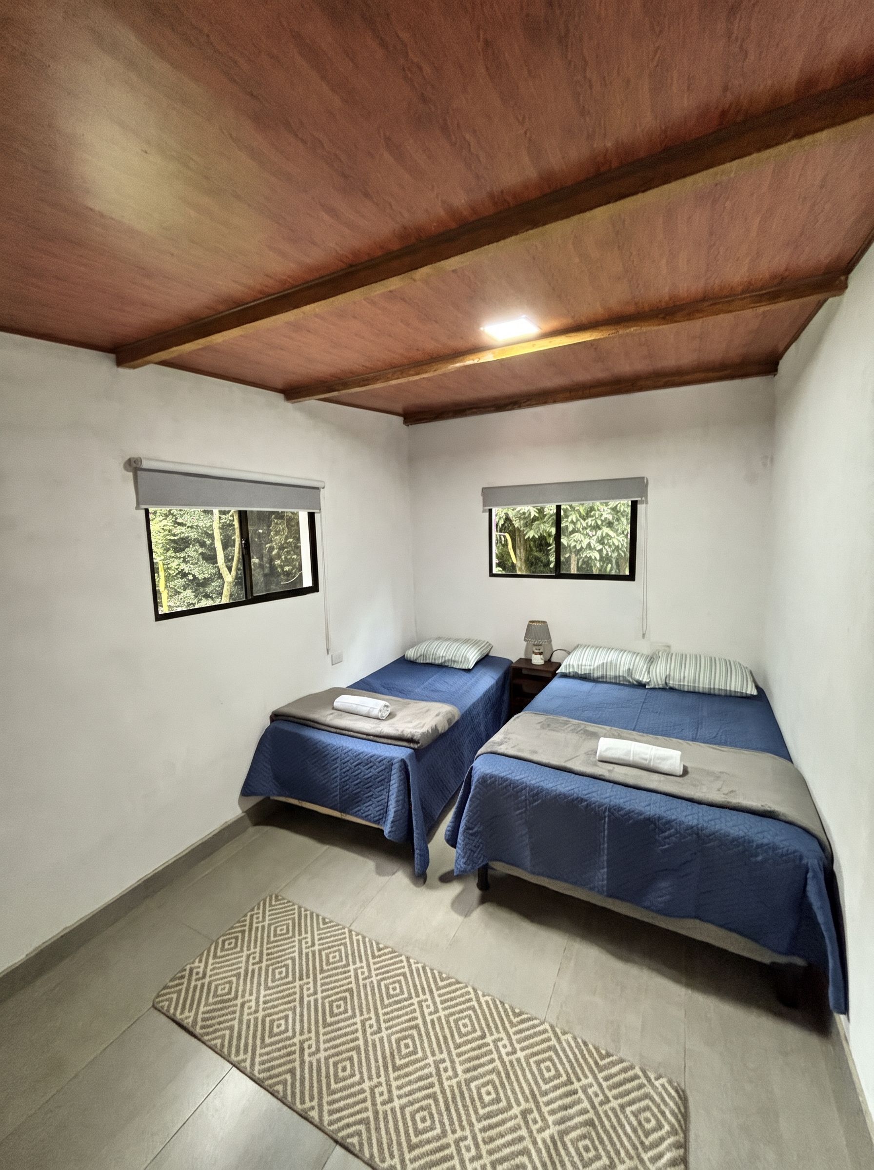 Una habitación con dos camas, un tapete estampado y ventanas que dan a un paisaje de árboles.