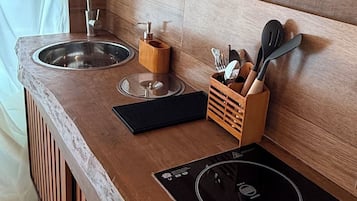 A compact kitchen with a sink, faucet, wooden countertop, and a built-in induction cooktop.