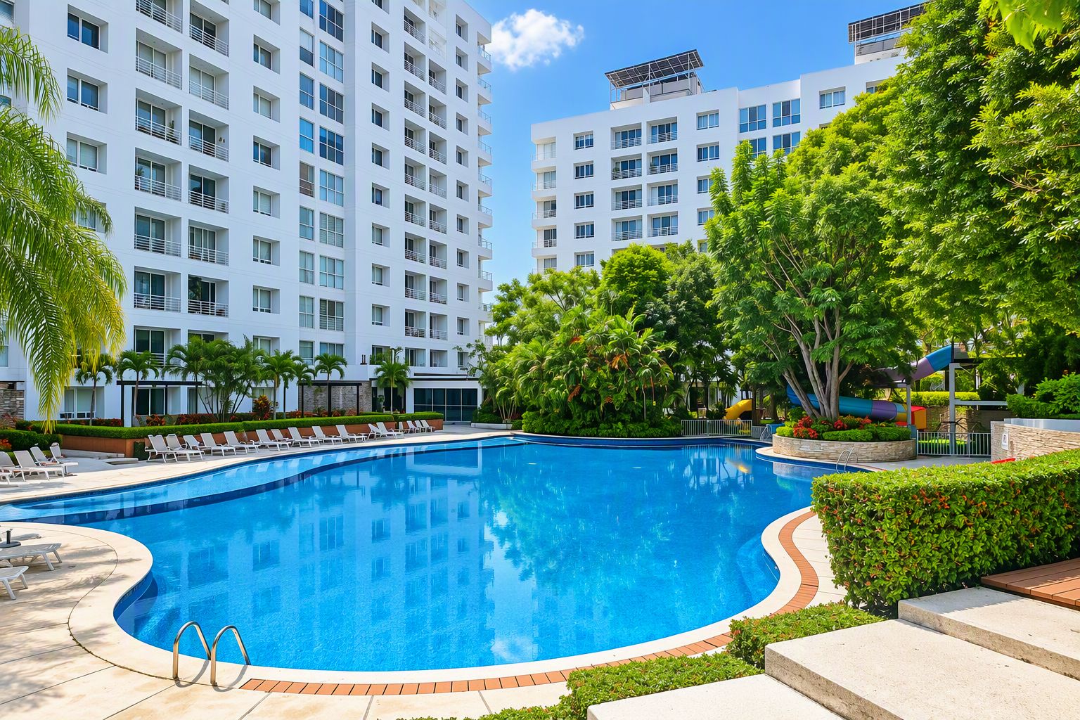 A swimming pool surrounded by lounge chairs and greenery, with a multi-story building in the background.