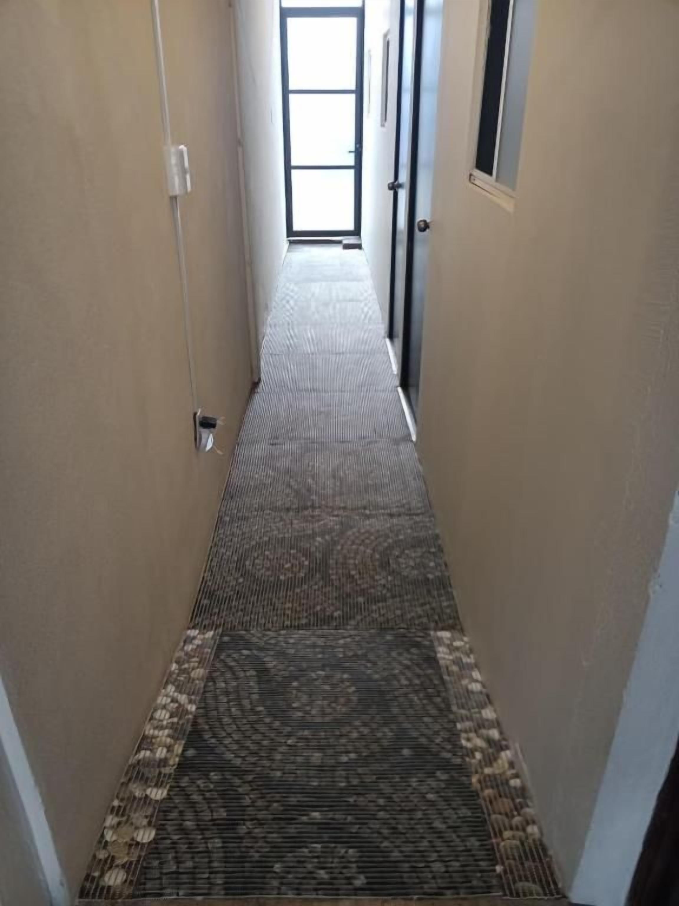 A narrow hallway with a patterned carpet, a door at the end, and a window allowing natural light.