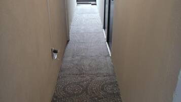 A narrow hallway with a patterned carpet, a door at the end, and a window allowing natural light.