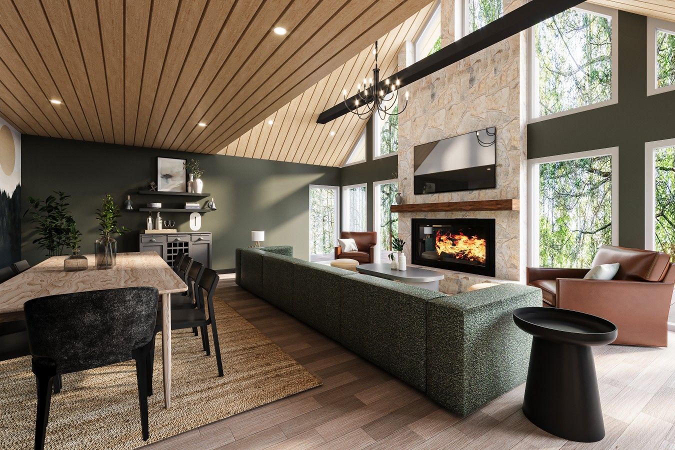 A modern interior with a dining area, kitchen, and living space featuring a fireplace, large windows, and a stone accent wall.