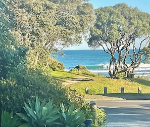 A coastal landscape with a road, trees, and a view of the sea.