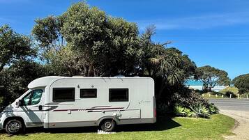 Ein stehender Wohnmobil auf einer Grünfläche mit Bäumen im Hintergrund und blauem Himmel.